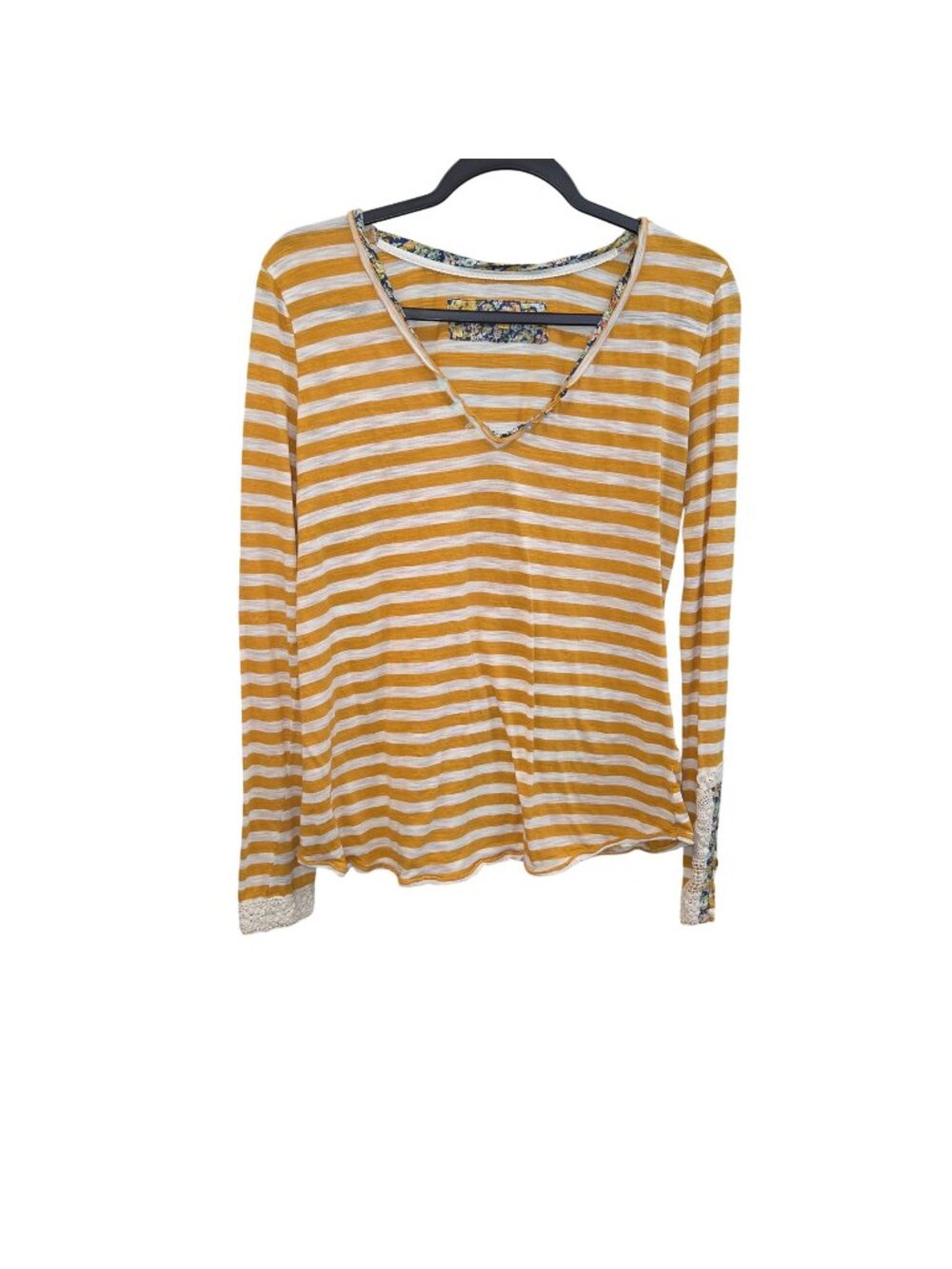 Little Yellow Button L Mustard &White Striped Long Sleeve Top  Floral Accents &
